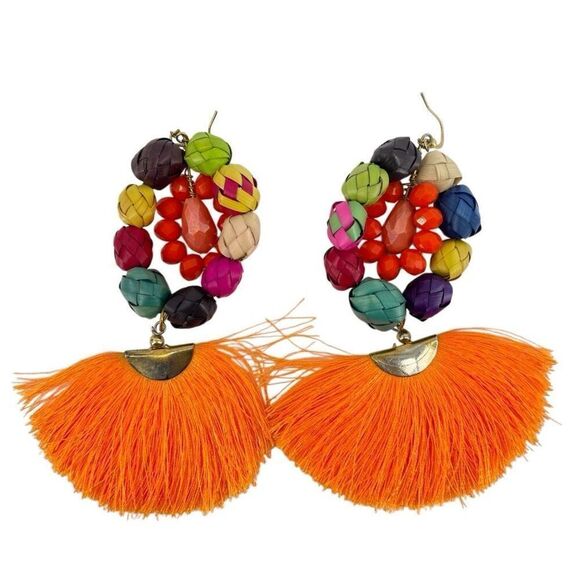 Handmade Colorful Mexican Beaded Tassel Drop Lighweight Statement Earrings - Picture 7 of 7
